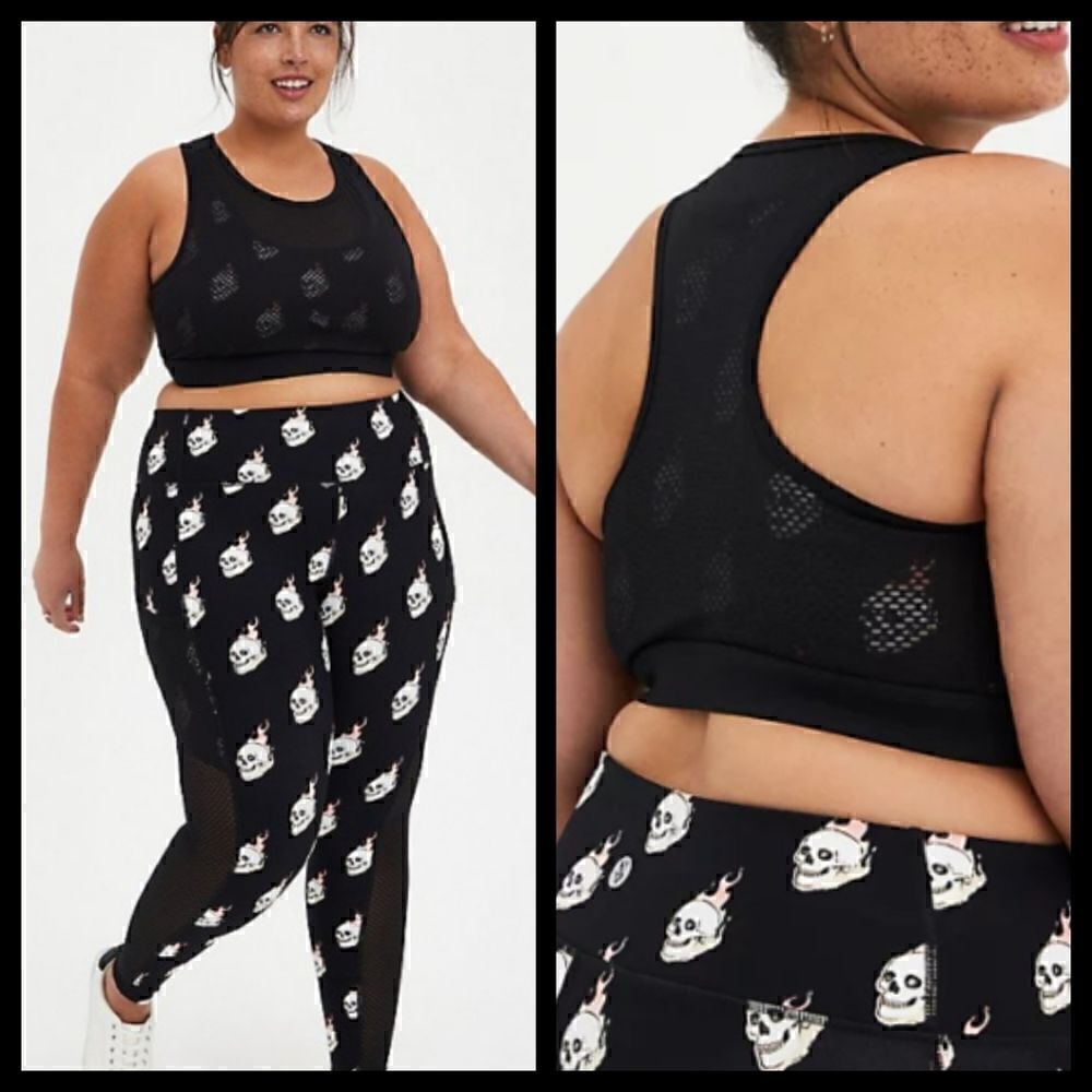 5X 28W Torrid Black Skull Flames Mesh Sports Bra Activewear Punk Alternative bre